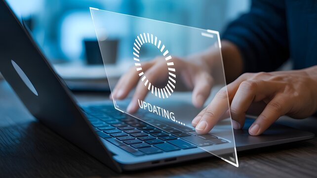 Software update in progress concept with person typing on laptop, showing virtual loading screen, system maintenance, and digital technology upgrade