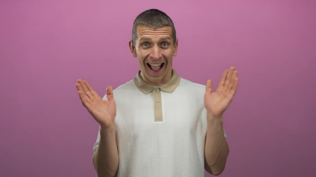 Caucasian man smiling and gesturing enthusiastically against a vibrant pink wall in an isolated setting, captured in mid-action with expressive facial expressions.