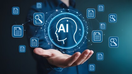 Artificial intelligence concept showing hand holding glowing AI hologram with connected icons representing innovation, automation, and smart technology