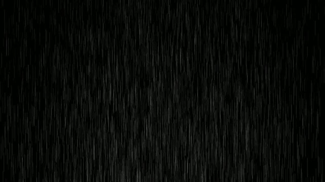 Rain streaks animated overlay on black background. Strong raining motion- Heavy rain drop animation. Raining overlay- Closeup water rainfall. Seamless looping. Rain animation against dark background.
