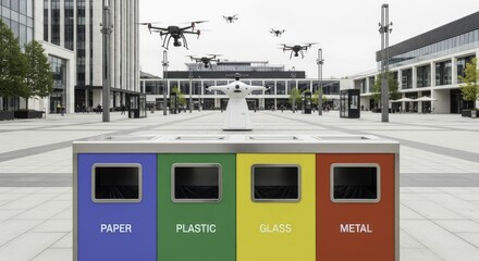 Urban Recycling in the Future: Robot and Drones in a Modern City Plaza with Labeled Bins for Paper, Plastic, Glass, and Metal