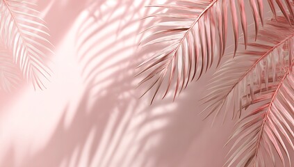 Obraz premium A light peach background with a shadow of palm leaves, creating an elegant and soft atmosphere for product display. The background