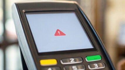 Payment terminal displaying a warning alert on the screen, indicating an issue or error in processing transactions.