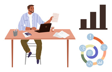 Businessman working with documents at desk, laptop, coffee, charts, diagram. Ideal for productivity, data management, analytics, presentation organization professional growth decision-making