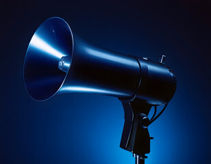 Hologram of a megaphone on a dark blue background. A blue megaphone on a blue background.