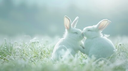 Obraz premium Two white rabbits gently nuzzle in a dewy meadow, surrounded by soft grass and a serene, misty backdrop