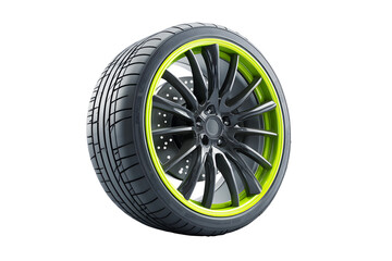 Obraz premium Black tire with wheel alloy car wheels rim fluorescent green chrome mag wheel black performance auto part decoration. Transport vehicles transportation. Isolated on cut out PNG transparent background.
