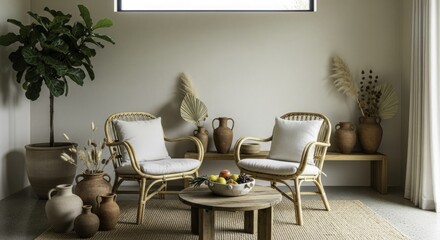 Warm and Inviting Bohemian Living Room Interior with Rattan Furniture, Earthy Terracotta Decor, and Lush Fiddle Leaf Fig Plant, Bathed in Natural Light