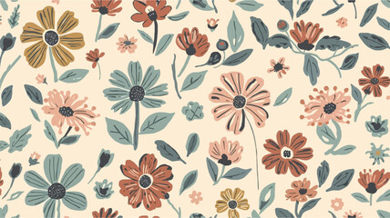 Fototapeta premium A charming floral pattern showcases various stylized flowers and foliage, creating a delightful and visually appealing design for textiles and decorative applications.