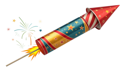 A colorful firework rocket with a star pattern, isolated on transparent background, ready to launch with sparks and flames