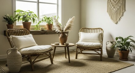 Cozy and bright bohemian living space with natural rattan chairs, potted plants, and earthy decor by a sunny window, featuring a jute rug and pampas grass arrangement.