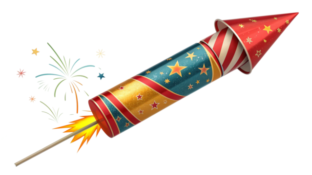 A colorful firework rocket with a star pattern, isolated on transparent background, ready to launch with sparks and flames