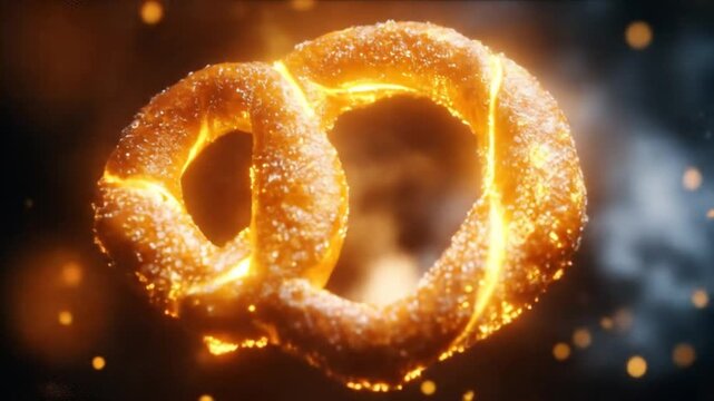 Glowing pretzel with sugar on dark background for culinary design