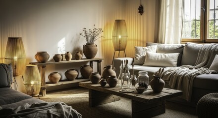 Cozy Living Room with Rustic Terracotta Pottery, Warm Ambient Lighting, and Natural Decor for a Relaxing Home Aesthetic