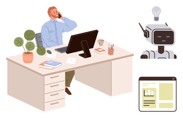 Person working at office desk using phone, surrounded by plants, AI robot, and data interface. Ideal for technology, business, collaboration, AI innovation remote work productivity. A simple flat
