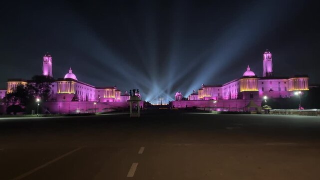 Light show on Rashtrapati Bhavan and Parliament Building in night in New Delhi, India
