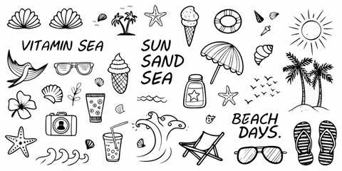 Collection of hand drawn summer beach vacation icons and phrases including sun sand sea and beach days