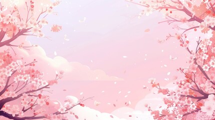 Fototapeta premium Serene spring landscape with blooming cherry blossoms, gentle clouds, and falling petals creating a tranquil atmosphere