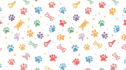A vibrant, colorful pattern featuring paw prints and bones in a repeating design, creating a cheerful and playful background for various applications.