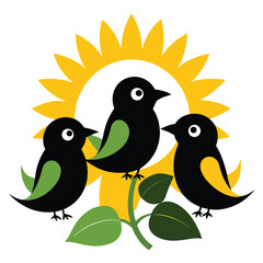 black 3 bird in sun flower bagan to tlaking vector