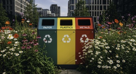 Sustainable Urban Landscape: Colorful Recycling Bins in a Vibrant Wildflower Garden with Modern City Buildings in the Background