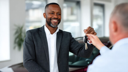Smiling african american man receiving car keys from salesperson in modern dealership, showcasing customer satisfaction and successful transaction