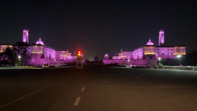 Light show on Rashtrapati Bhavan and Parliament Building in night in New Delhi, India