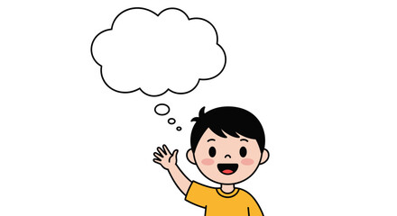 Obraz premium A young boy is thinking and waving hello with a speech bubble above his head.