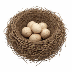eggs in a nest, realistic artistic illustration of nature and new life, detailed straw texture and soft natural tones symbolizing warmth and nurture