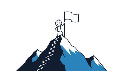 A stick figure stands triumphantly at the summit of a snowy mountain holding a flag.
