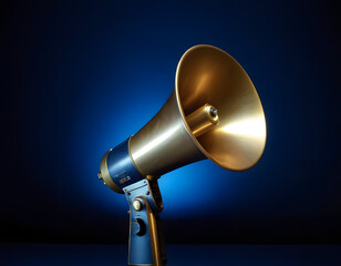 Hologram of a megaphone on a dark blue background. A golden horn isolated.