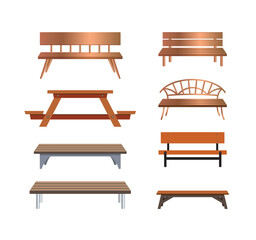 Cartoon bench. Wooden park benches, comfortable public garden seats and outdoor furniture vector illustration set. Wooden exterior elements for relaxation in city isolated on white