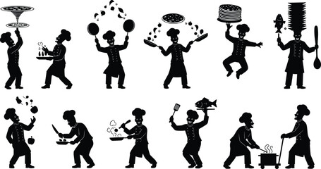 Chef silhouette, cooking action, kitchen skills, culinary motion, food preparation, frying pan, pizza toss, chopping vegetables, restaurant staff, black illustration
