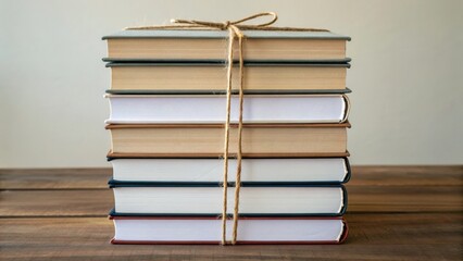 Fototapeta premium A stack of books neatly tied with twine, resting on a wooden surface, showcasing a blend of covered and uncovered spines in a neutral color palette.