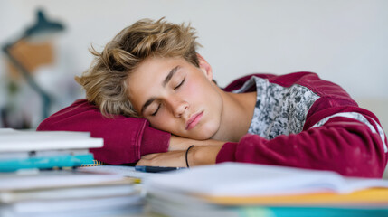 Young male student is resting his head on a desk surrounded by books and study materials, illustrating the challenges of academic life