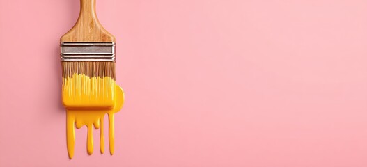 Vibrant Paintbrush with Dripping Yellow Paint against Pink Background, a Web Banner Representing Creativity and Artistic Expression with Copy Space
