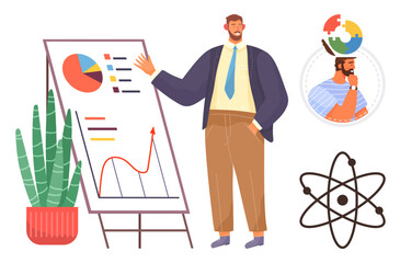 Man presenting charts on flipboard with graphs, growth curves, and pie charts. Features atom symbol, global idea portrait, and plant. Ideal for education, analysis, science strategy business