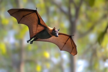 Large fruit bat with impressive wingspan flying through lush green natural forest habitat, highlighting nocturnal wildlife