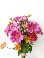 Floral Bouquet with Pink Cosmos Flowers and Orange Daisies on White Background, Fresh Cut Flowers, Springtime Arrangement, Gift for Her, Celebration,