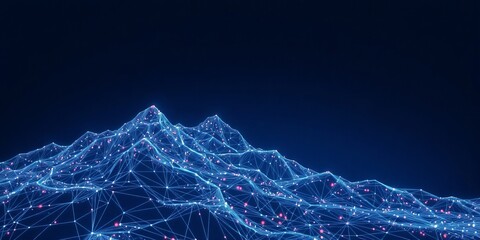 A network of glowing blue lines and nodes creates a futuristic mountain range against a dark backdrop, representing technology and connectivity very well.