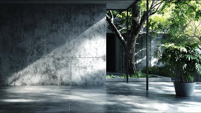 Modern minimalist concrete room bathed in dramatic diagonal sunlight and shadow, offering a serene view of a lush green garden outside.