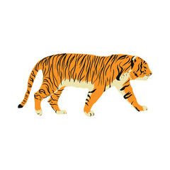 Minimal flat tiger illustration in side view with orange and black stripes, ideal for wildlife design, nature projects, jungle themes, and educational animal materials.