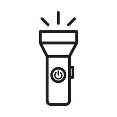 Vector art of simple line art icon of a flashlight with a power button symbol and light beams