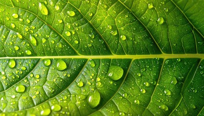 Extreme Close up of Vibrant Green Leaf with Water Droplets After Rainfall Natural Texture Macro Photography Showing Detailed Veins and Surface Texture in Soft Natural Light