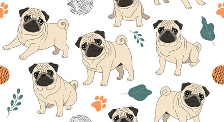 Obraz premium Adorable pug puppies playing in a park with fun doodles and paw prints.