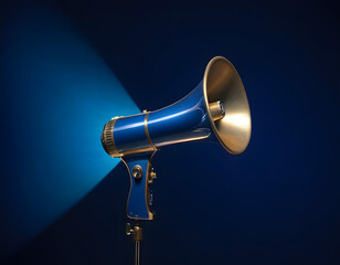 Hologram of a megaphone on a dark blue background. A golden horn isolated.