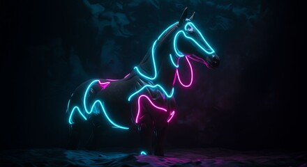 Neon Light Horse Sculpture in Dark Environment with Vibrant Blue and Pink Colors