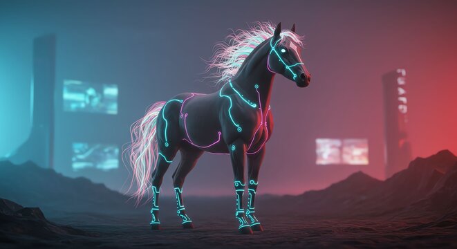 Futuristic Neon Glowing Horse in Cyberpunk Cityscape with Digital Lights