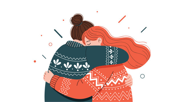 Two women wearing warm sweaters hugging each other tightly. - Powered by Adobe