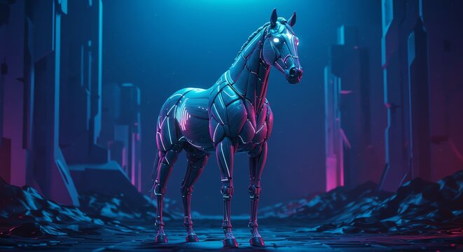 Futuristic Neon-lit Robotic Horse in Cyber City Landscape
